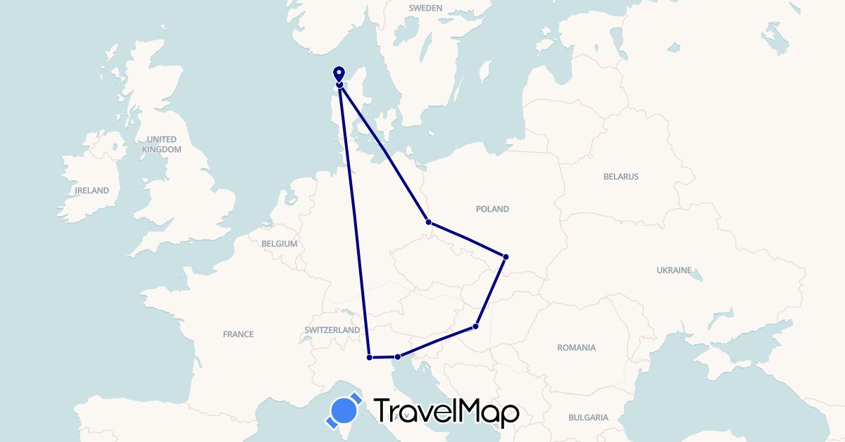 TravelMap itinerary: driving in Germany, Denmark, Hungary, Italy, Poland (Europe)